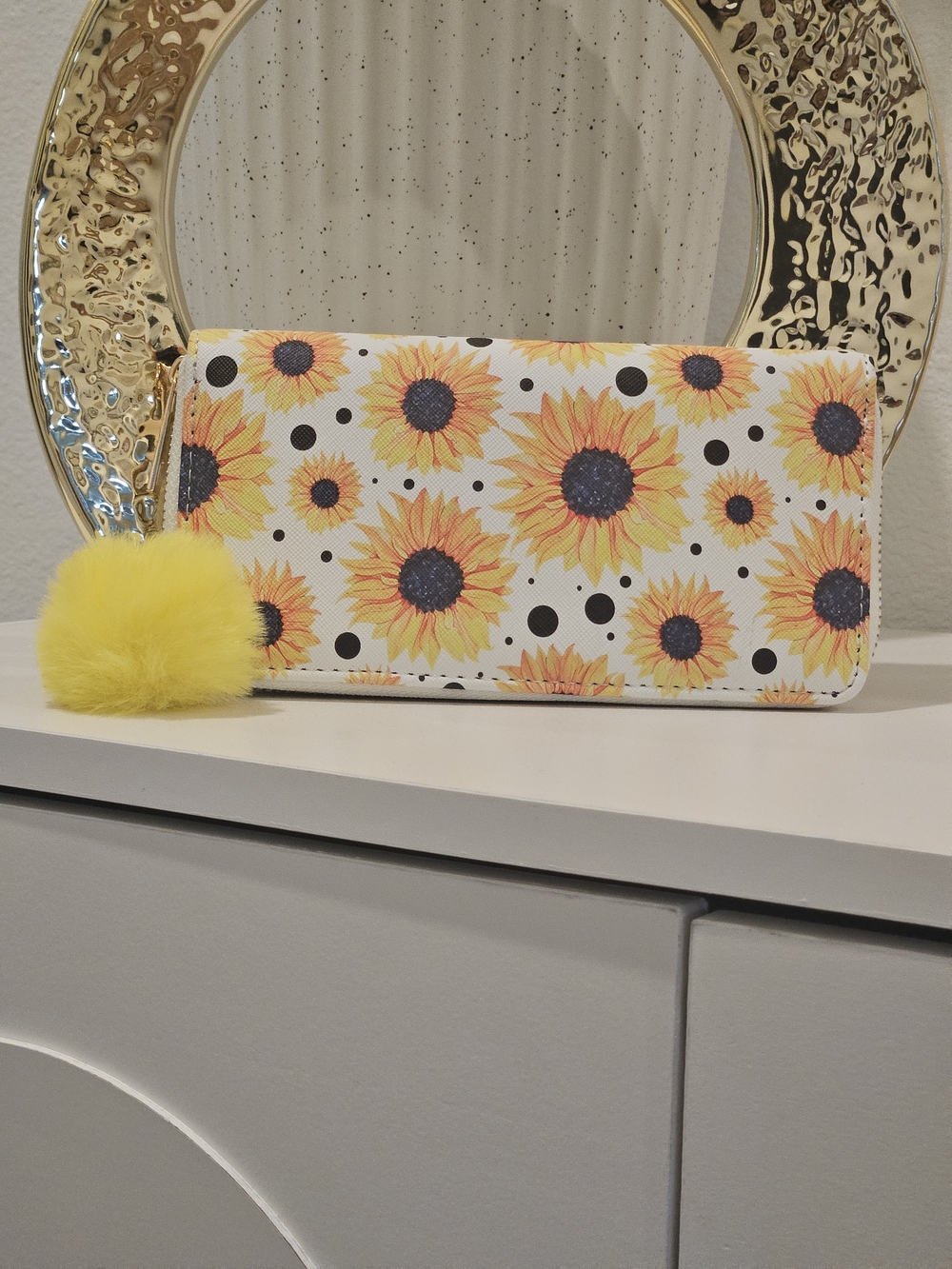 Sunflower Print Wallet with Yellow Pom Pom
